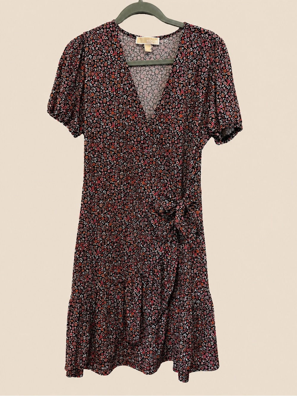 Michael Kors Black Floral Midi Dress with Pink and White Accents